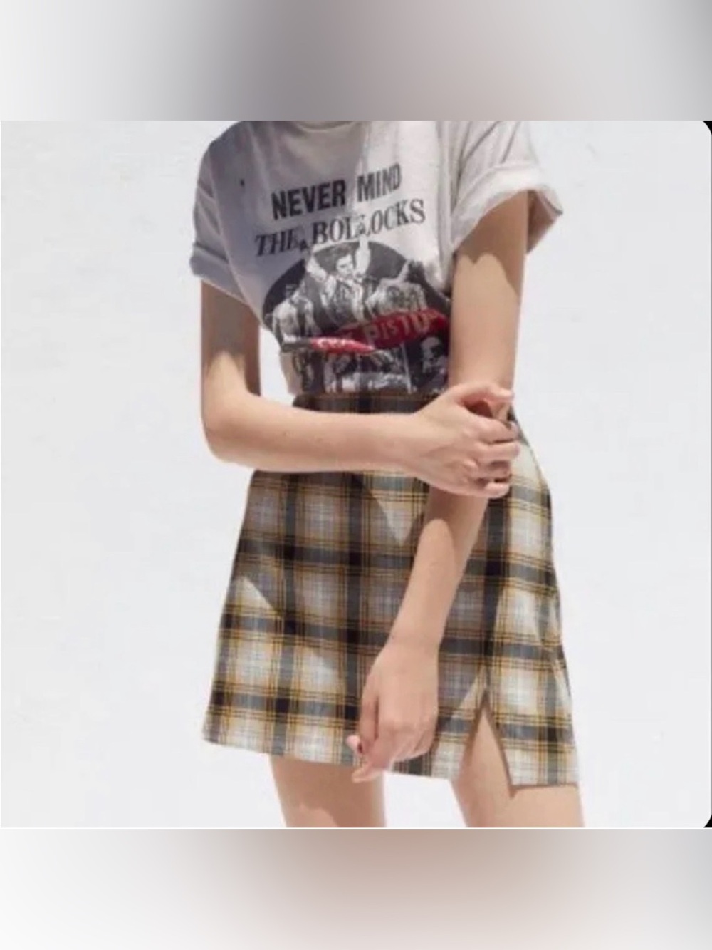 Urban Outfitters Yellow Black Cream Plaid Mini Skirt with Side Slit